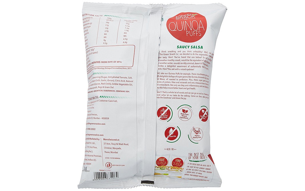 The Green Snack Co Quinoa Puffs Saucy Salsa   Pack  50 grams